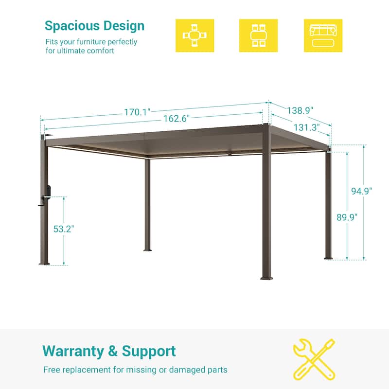 BONOSUKI Outdoor Aluminized Steel LED Louvered Pergola with Adjustable Roof, Brown