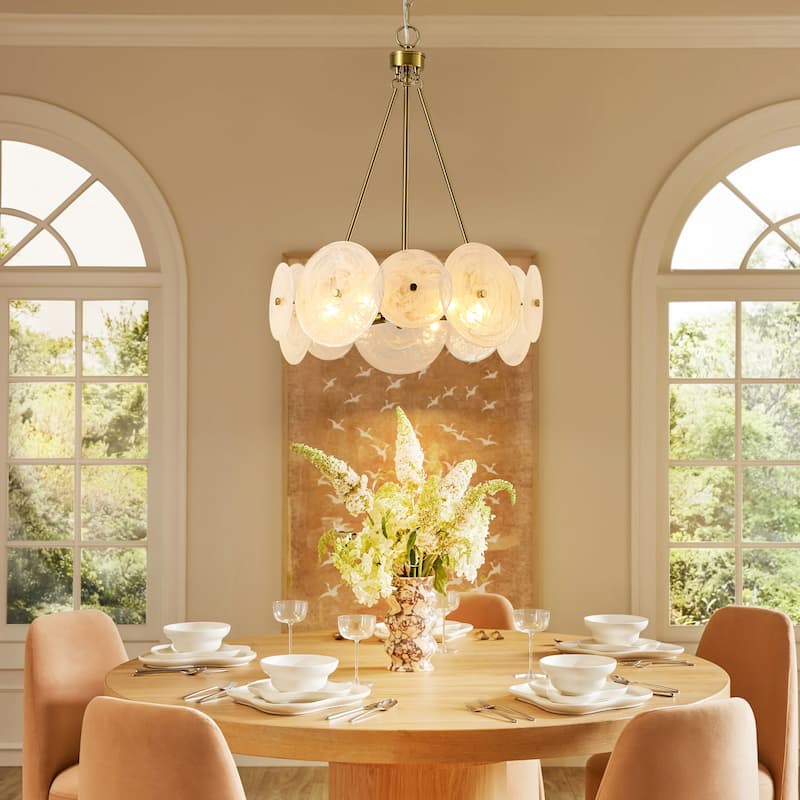6-Light 20.1" W Modern Luxury Gold Round Chandelier with White Strie Glass for Living Room,Bedroom
