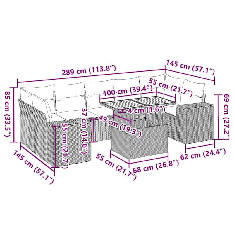 vidaXL Patio Sofa Set with Cushions Balcony Modular Sofas 8 Piece Poly Rattan - 21.7 x 39.4 x 28.7