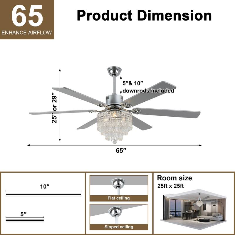 Cusp Barn 65" Modern Crystal Ceiling Fan with Lights and Remote, 6 Speeds Silent DC Motor Large Chandelier Ceiling Fan