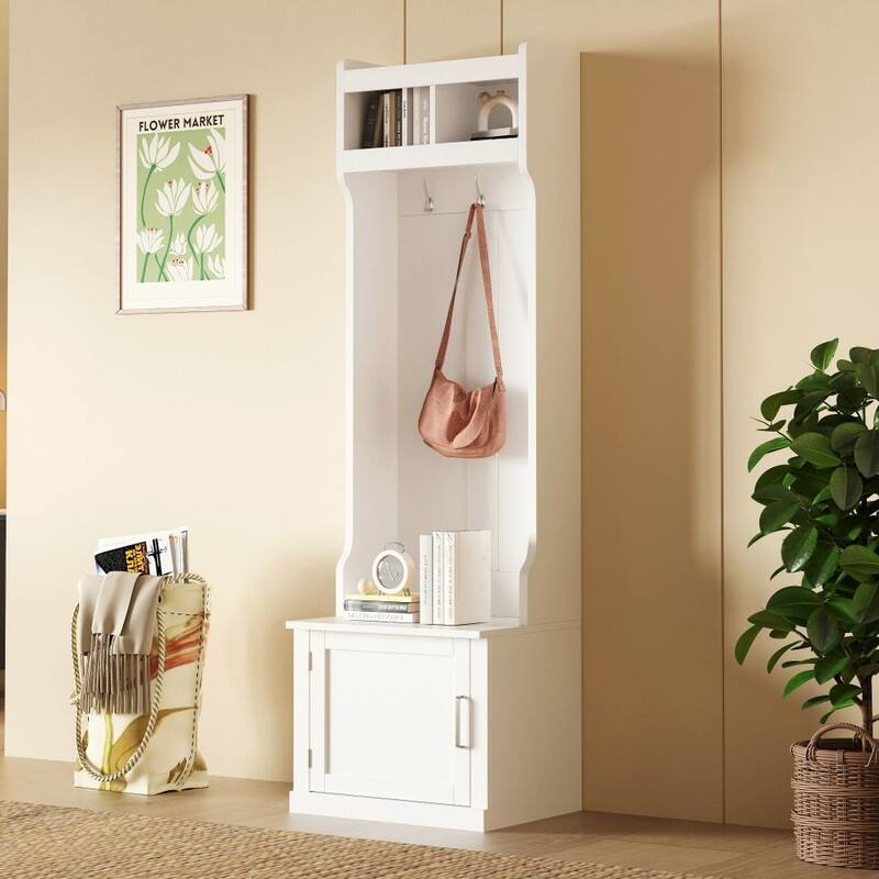 Minimalist Slim Hall Tree with Cabinet & 6 Hanging Hooks - White