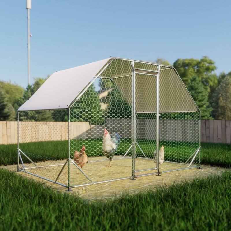 Large Walk-In Metal Chicken Coop – Flat-Shaped Poultry Cage Run with Waterproof Cover‌ - Silver