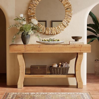 59-Inch Solid Wood Console Table, Long Sofa Table with Stable Curved Legs