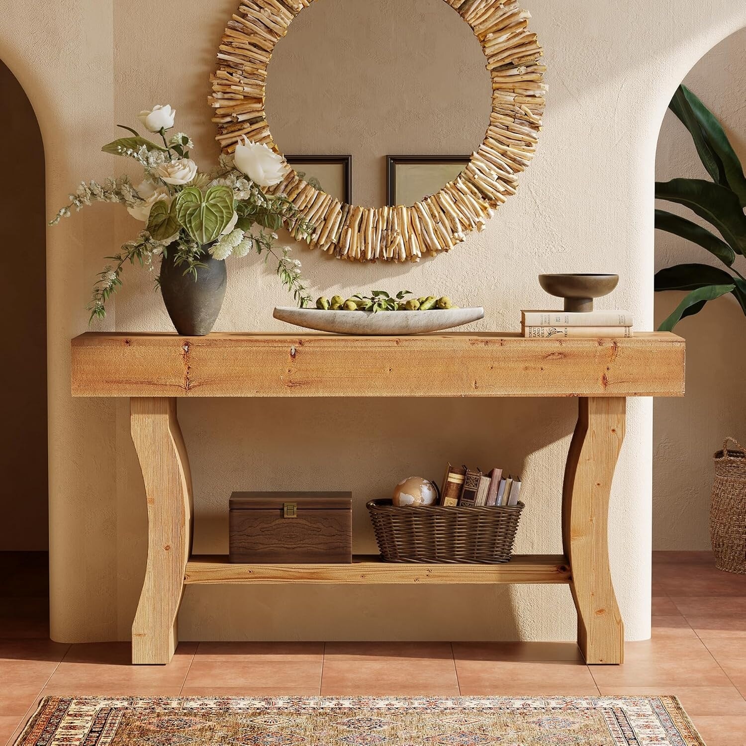 59-Inch Solid Wood Console Table, Long Sofa Table with Stable