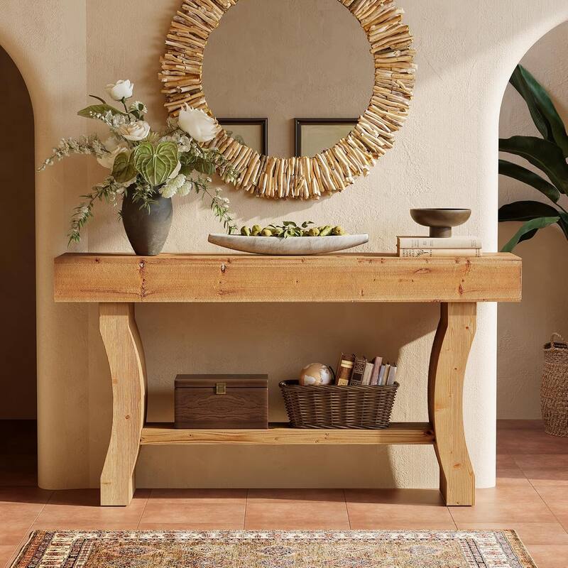 Solid Wood Console Table for Entryway, 59-Inch Long Sofa Table with Stable Curved Legs