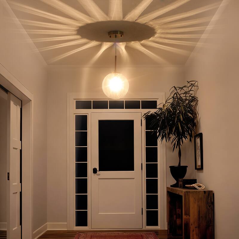 1-Light Brushed Gold Pendant Lighting with Clear Ribbed Glass Shade