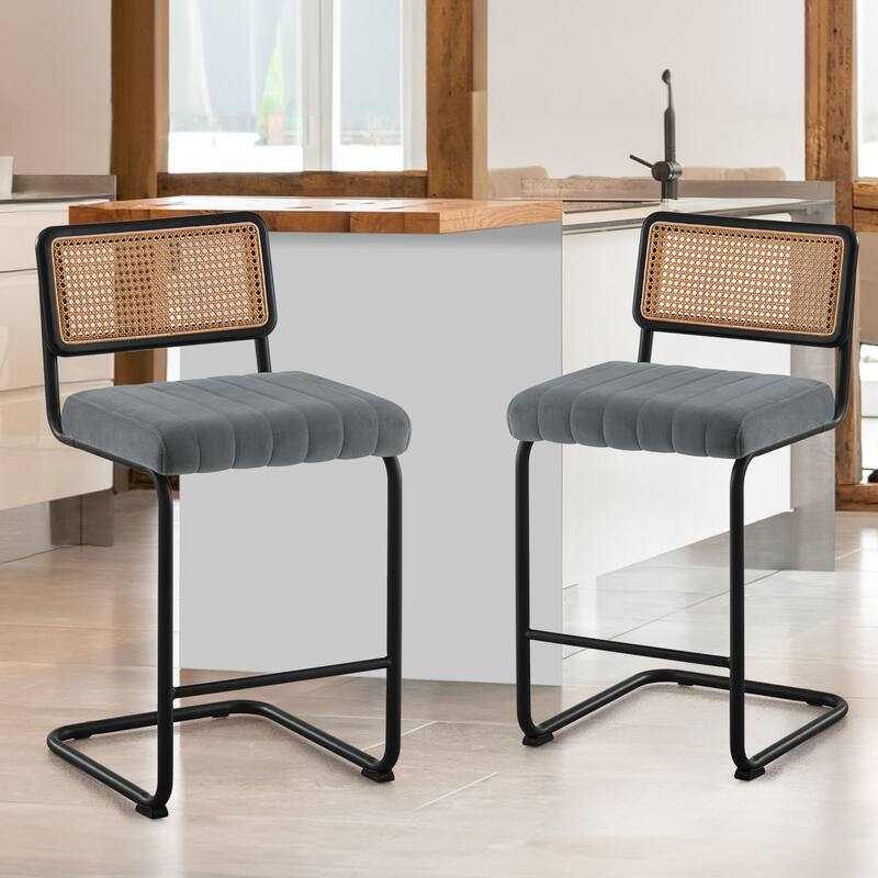 Velvet Upholstered Rattan Counter/Bar Stools, Set of 2/3