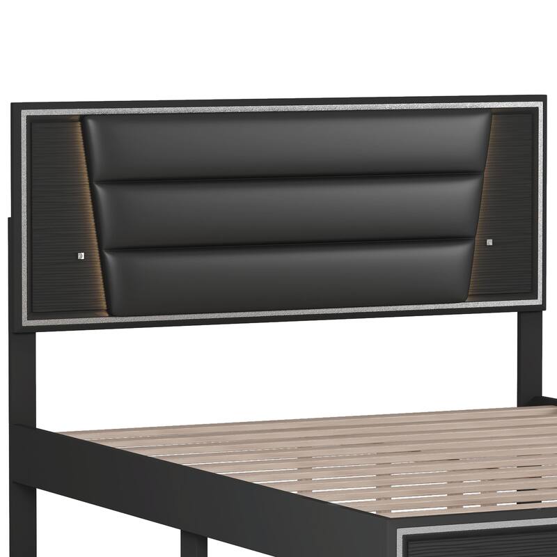 PU Upholstered Bed with LED Light Strips and Sparkling Shiny Headboard