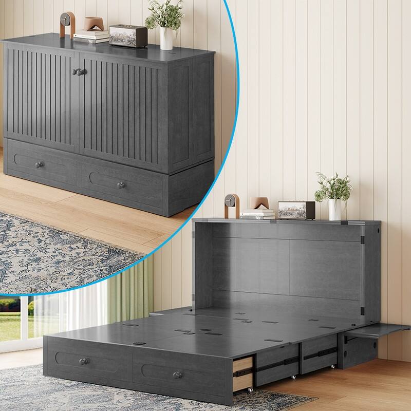 Mixoy Queen Murphy Bed Chest with Charging Station and Storage Drawer,No Mattress - Grey - Queen