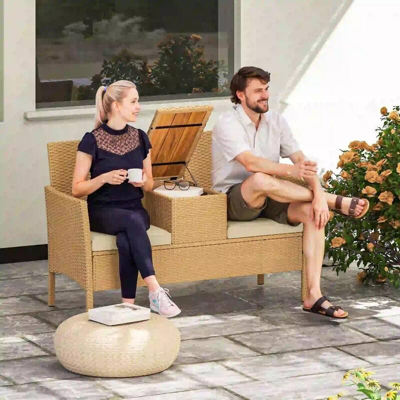 Patio Wicker Loveseat with Built-in Flip-Top Coffee Table and Cushions - Khaki