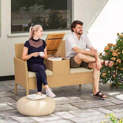 Patio Wicker Loveseat with Built-in Flip-Top Coffee Table and Cushions