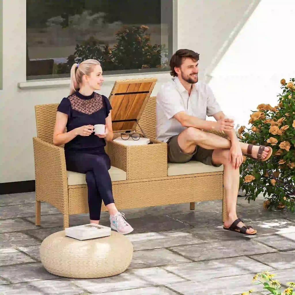 Patio Wicker Loveseat with Built-in Flip-Top Coffee Table and Cushions