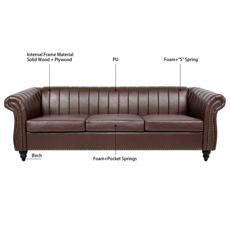 83.46" PU Rolled Arm Chesterfield Three Seater Sofa