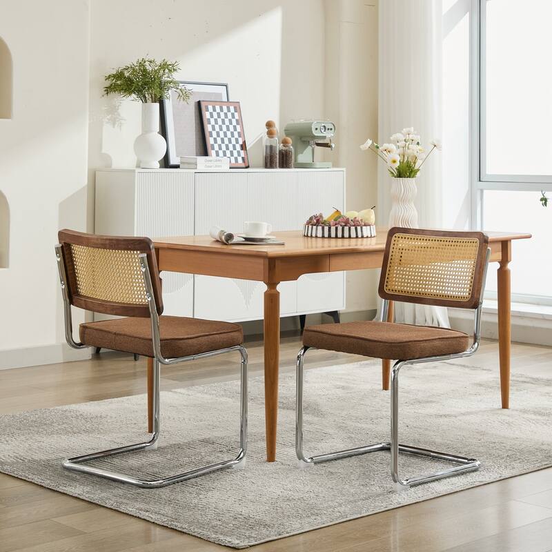 Modern Dining Chairs Set of 2, Velvet Accent Chairs with Natural Cane Back & Stainless Chrome Base, Upholstered Rattan Chairs