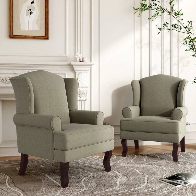 2 Set Modern Upholstery Wingback Accent Chair - Light Camel/ Linen