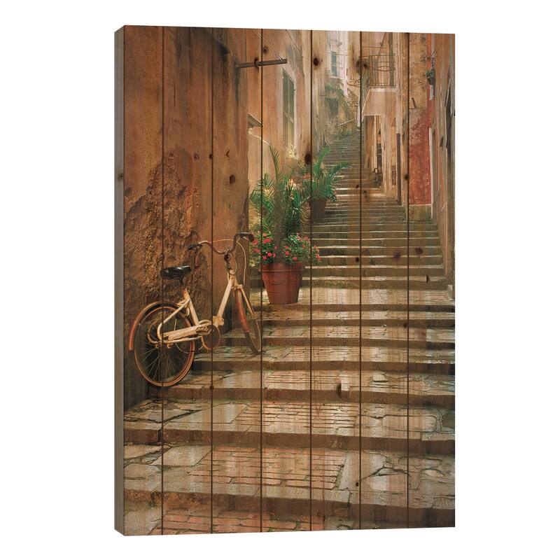 Italy, Cinque Terre, Monterosso. Bicycle and uphill stairway. Print On Wood by Jaynes Gallery - Multi-Color - 26x18x1.5