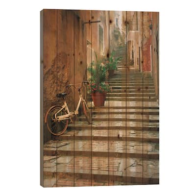 Italy, Cinque Terre, Monterosso. Bicycle and uphill stairway. Print On Wood by Jaynes Gallery - Multi-Color