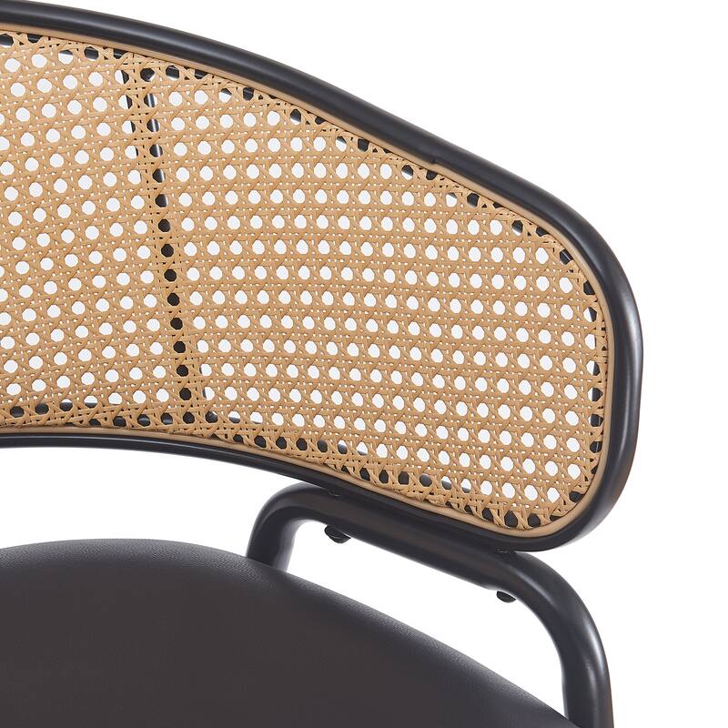 Indoor Metal Upholstered Barstool, Faux Leather Seat With Wowen Rattan Decorated Backrest, Set of 2