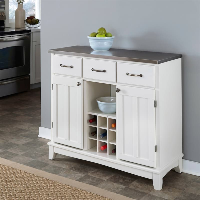 Stainless Steel Top Kitchen Island Sideboard Cabinet Wine Rack in White - 41.75W x 17D x 36.25H