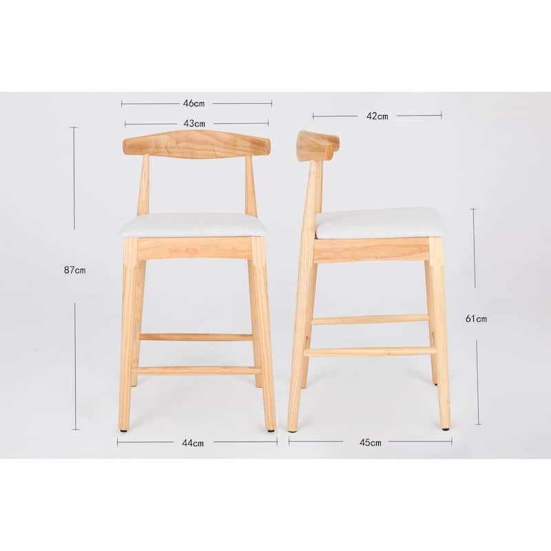Mid Century Modern Counter Stools 24 Inch Solid Wood Upholstered Natural Beige, set of 2