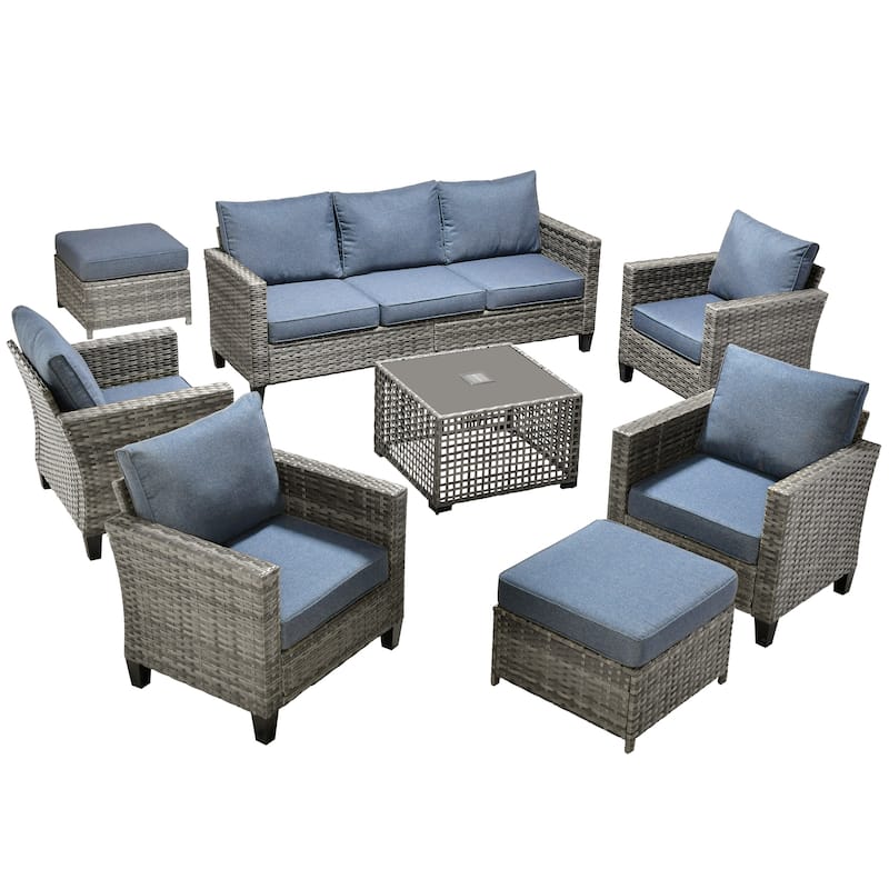 OVIOS 8 Pieces Outdoor Wicker Sectional Set With Solar-Powered CoffeeTable