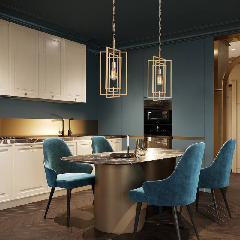 Rella Modern Farmhouse 1-Light Glam Gold Geometric Lantern Kitchen Island Pendant Foyer Lamp - W12"xH20.5"