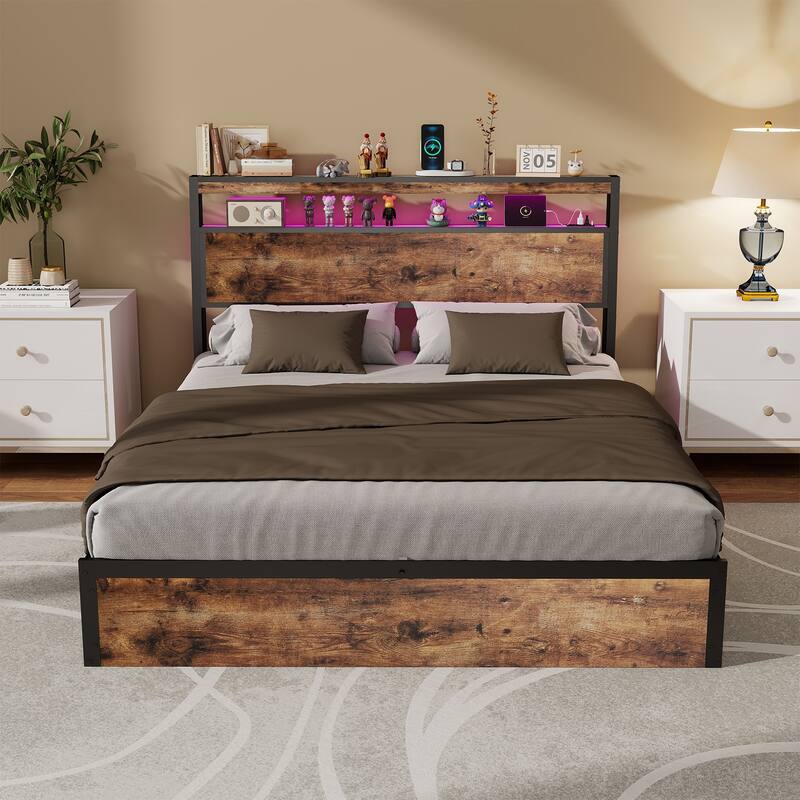 Lift Up Storage Bed Frame/Metal Platform Bed Frame with Charging Station&LED Lights/Noise-Free/No Box Spring Needed/Rustic Brown