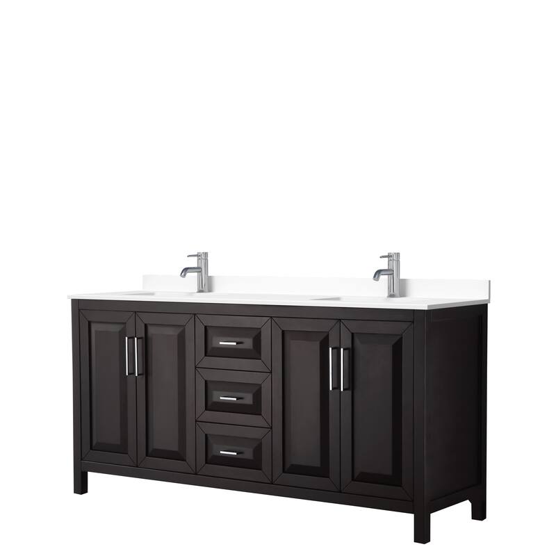 Daria 72 Inch Double Vanity, Cultured Marble Top - Dark Espresso, Chrome Trim, White Cult. Marble Top