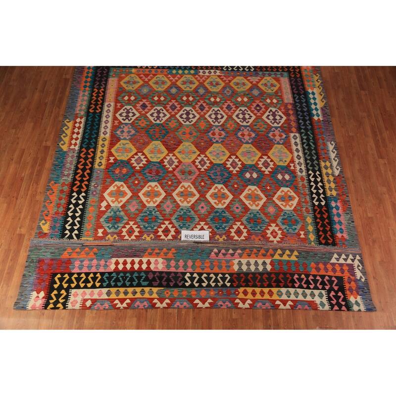 All-Over Geometric Kilim Oriental Area Rug Hand-Woven Wool Carpet - 9'10"x 12'8"
