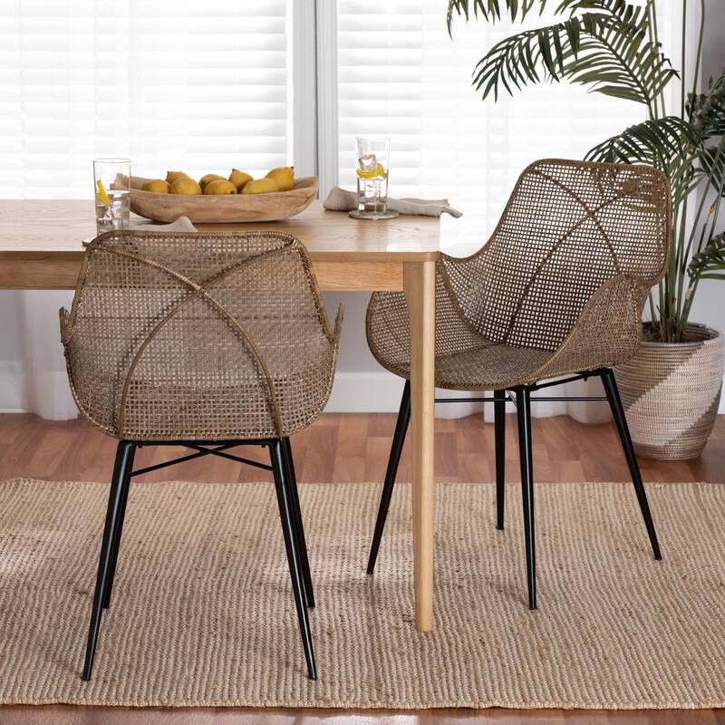 Ballerina Modern Bohemian Greywashed Rattan and Natural Brown Finished Wood 2-Piece Dining Chair Set