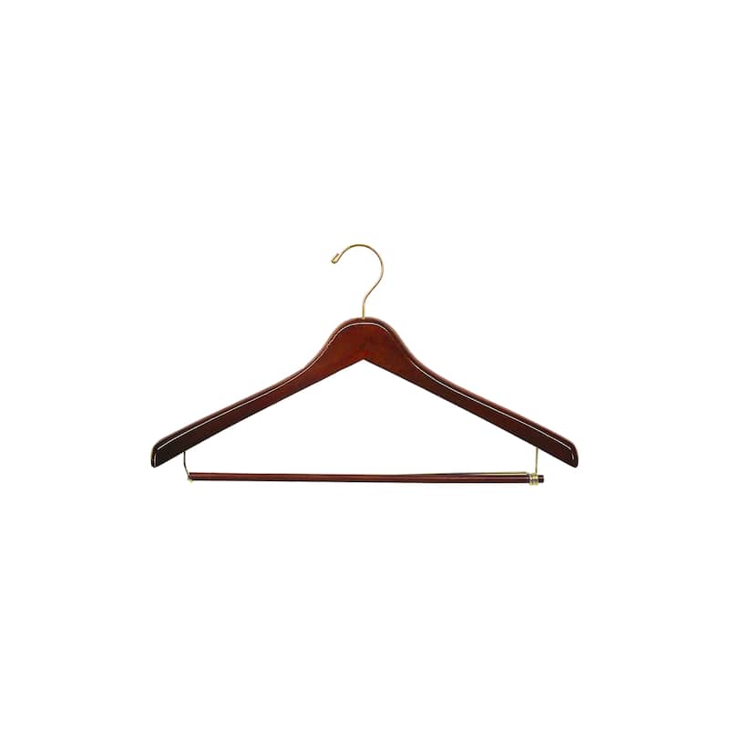 Walnut Finish Deluxe Wooden Suit Hanger W/ Locking Pant Bar, 17" Length X 1" Thick, Brass Hardware Box of 12