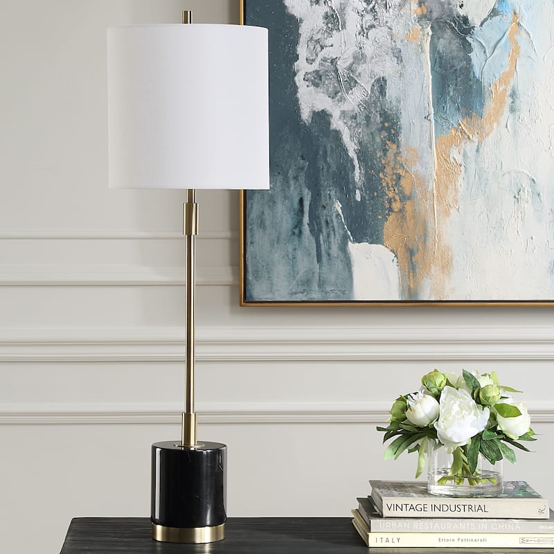 Strick & Bolton Antique Brass Buffet Lamp with Black Marble Base and Linen Shade - 10 x in x 10 x in 33
