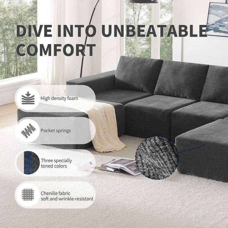 U-Shape Sectional Sofa, Double Extra Wide Chaise Lounge Couch, Luxury Chenille