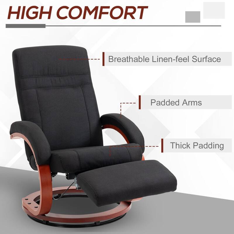 Black Linen Swivel Recliner Chair with Wooden Base and Footrest
