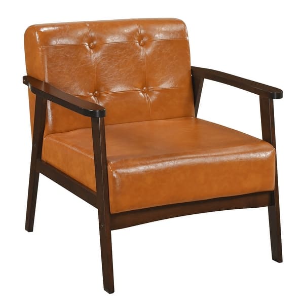 slide 2 of 18, Costway Accent Chair with Armrest & Rubber Wood Frame Button Tufted - See Details Light Brown