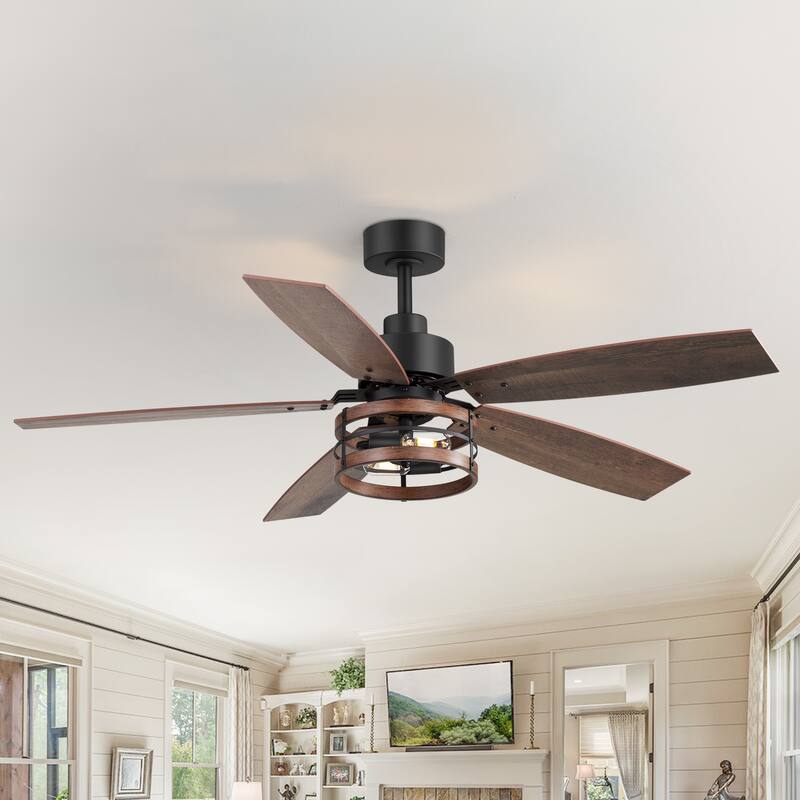 52" Farmhouse 5-Blade Black Caged Ceiling Fan with Light and Remote