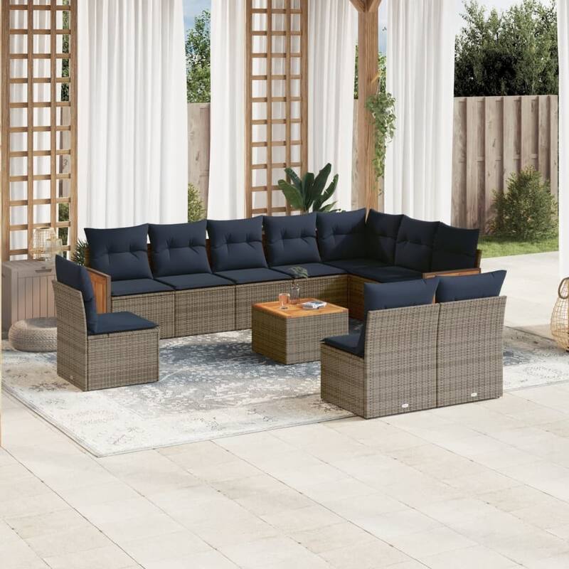 vidaXL 10/11 Piece Patio Sofa Set with Cushions Black/Gray Poly Rattan - 21.7 x 24.4 x 27.2 - Gray With table