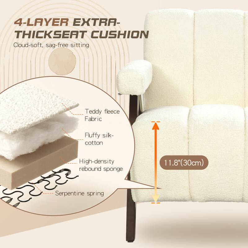 Mid Century Modern Accent Chair, Solid Wood Upholstered Armchair with Wide Backrest and Thick Cushion