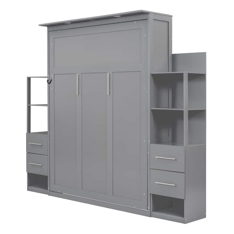 Roomfitters Queen Size Murphy Bed with Shelves, Foldable Wall Bed with Storage and Lighting
