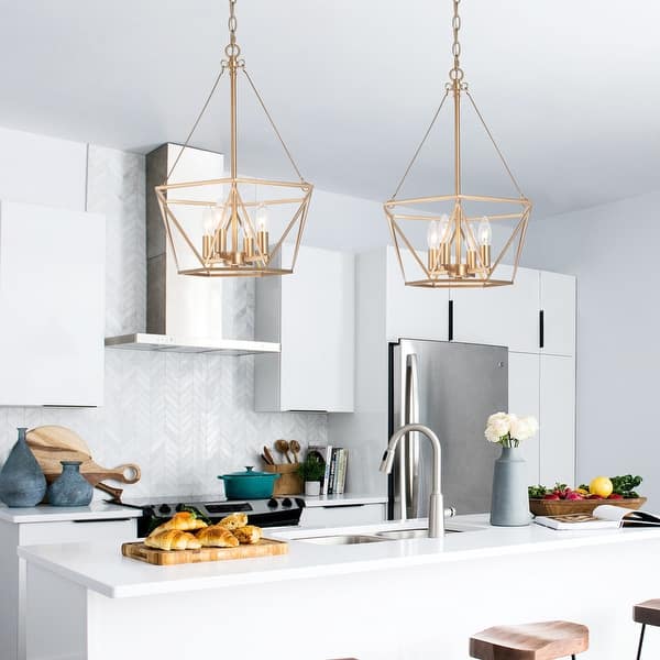 slide 2 of 9, Rella Modern 4-light Lantern Chandeliers Brass Gold Pendant Lights for Dining Room - D15.5" x H81.5'' D15.5" x H81.5'' - Antique gold