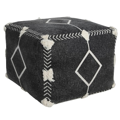 18" Black Cotton Geometric Pouf Ottoman for Living Room Seating and Footrest