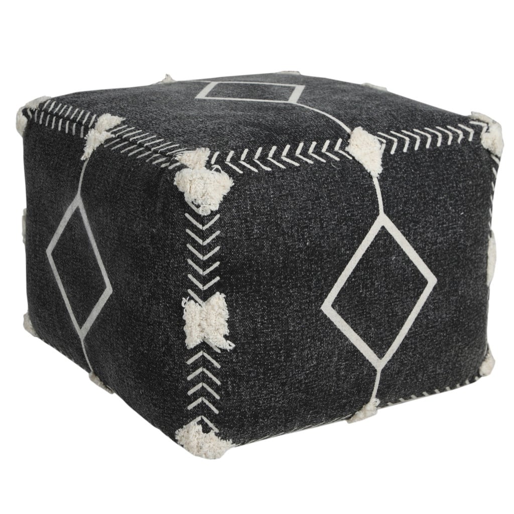 18" Black Cotton Geometric Pouf Ottoman for Living Room Seating and Footrest
