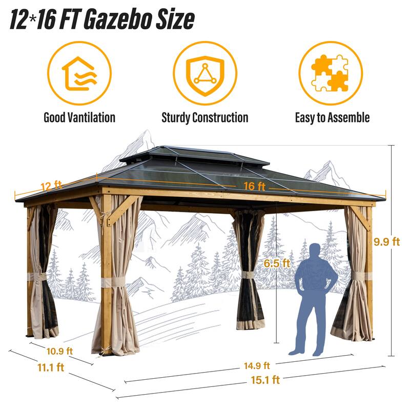 EROMMY Outdoor Wood Gazebo with Double Polycarbonate Roof, Heavy Duty Backyard Patio Pergola Canopy for Garden Shade