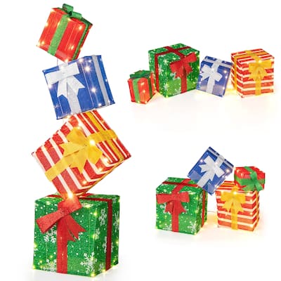 Gymax 48'' Lighted Stacked Gift Boxes Light up Box Tower Christmas - Multi-colors - See Details