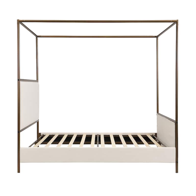 Modern Canopy Bed Frame with Upholstered Headboard Footboard, Platform Bed with Metal Frame, Wooden Slat Support, Noise-free