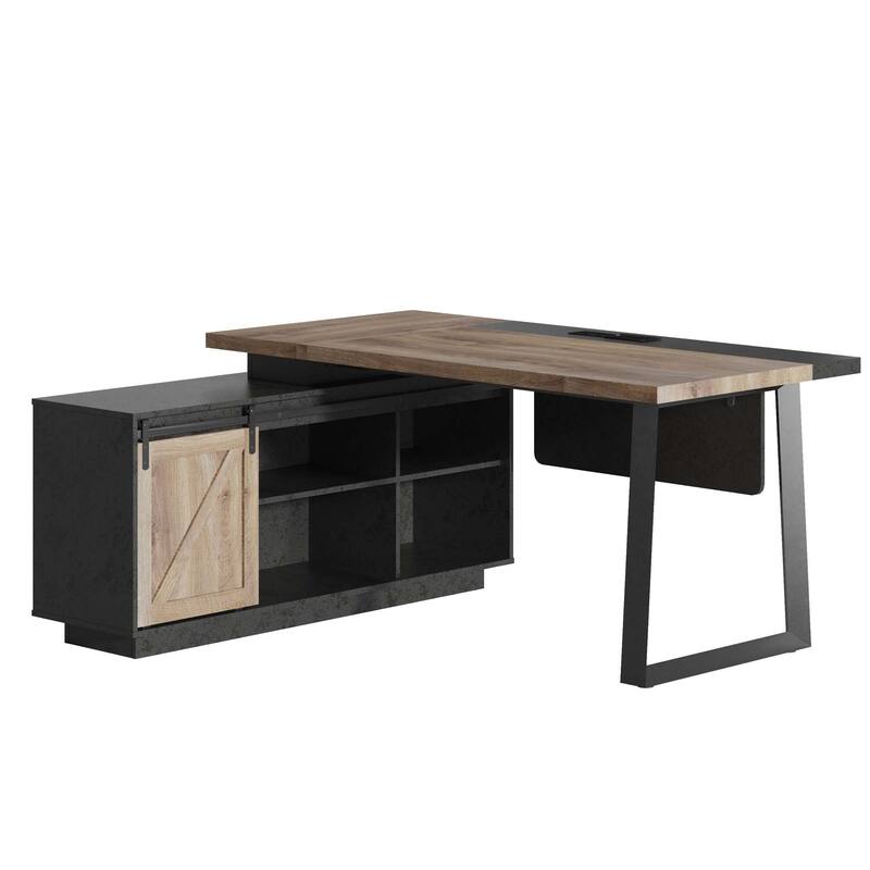 62.99" L-Shaped Executive Desk with Sliding Barn Door Storage Shelves Built-In USB Outlet
