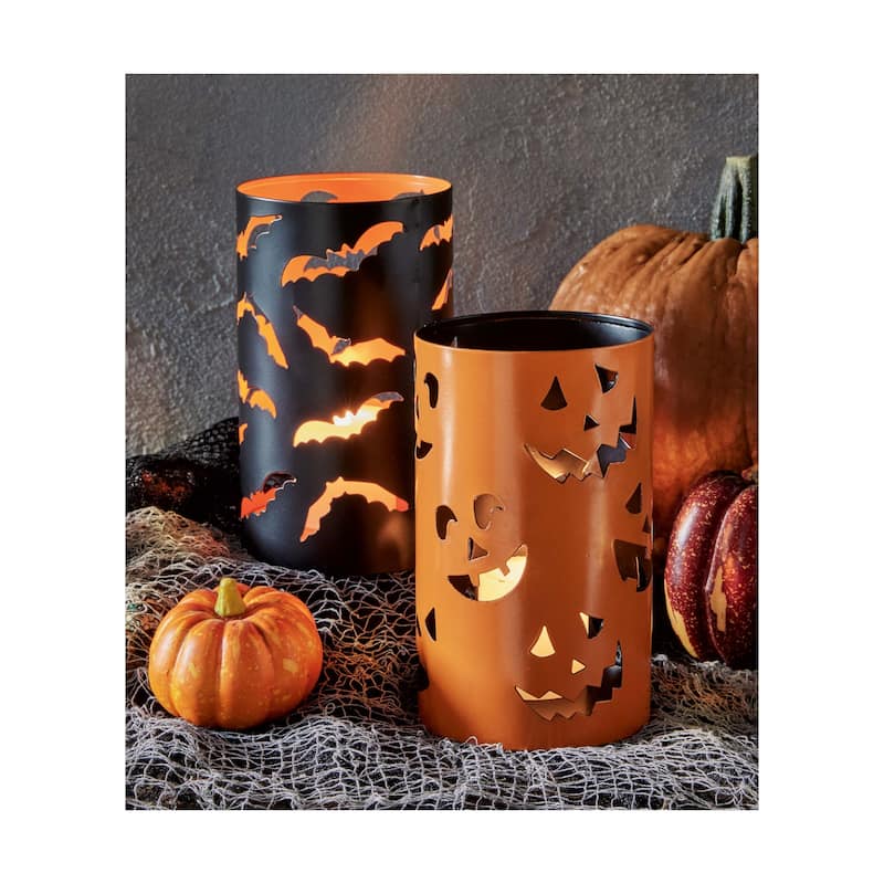 Spooky Bats Hurricane Candle Holders for Halloween Black Iron Pillar Candle Holders 6.9 in H x 4 in L x 4 in W