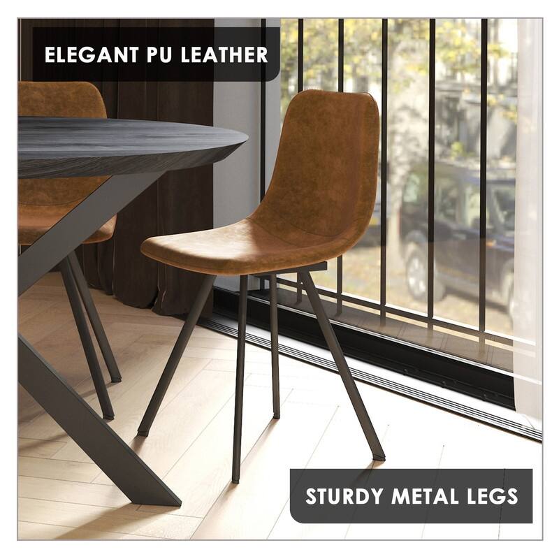 Markley Dining Chair with Leather Seat in Black Steel Legs, Scratch-Resistant, Ergonomic & Comfortable Modern Kitchen Chair