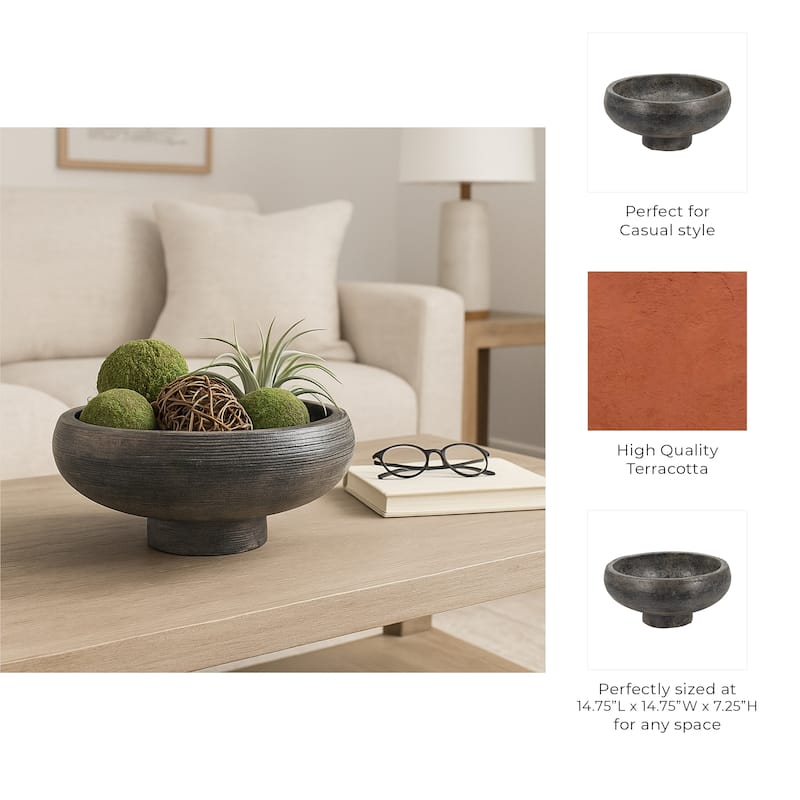 Round Textured Terracotta Decorative Bowl - Home Decor - 14", Black - 14.75"