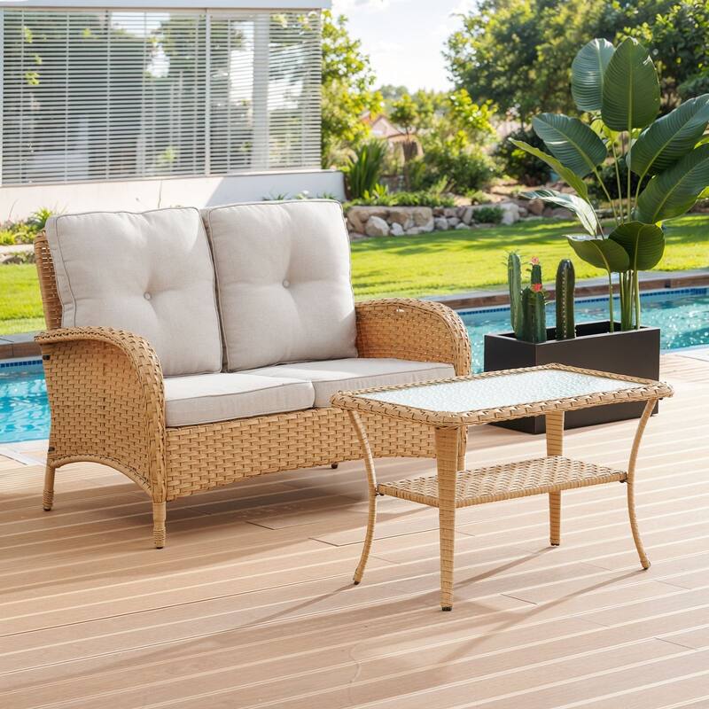 Gymojoy Outdoor Wicker Loveseat with Coffee Table and Outdoor Cushions - 2-Piece - Yellow Wicker / Beige Cushion